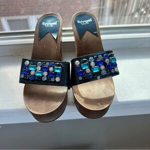 By Angels Women's Black and Blue Gemstone Clog Sandals 37.5